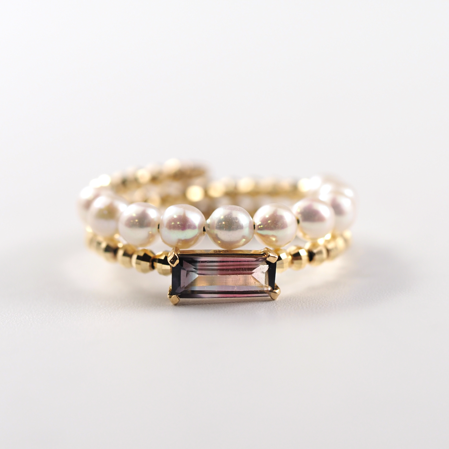 MITURE（ミチュール） フリーサイズ2連リング 山梨県甲府市で製作された上質なジュエリー 横長トルマリンと淡水パールが華やかに輝く、大人のための2連デザインリング。